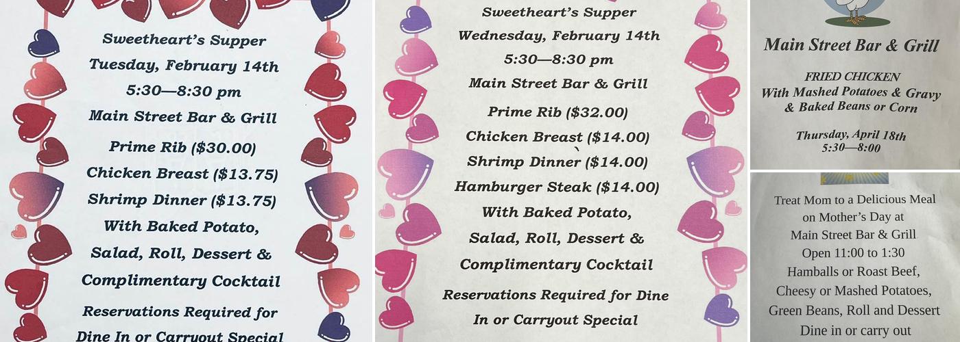 Main Street bar and grill Menu