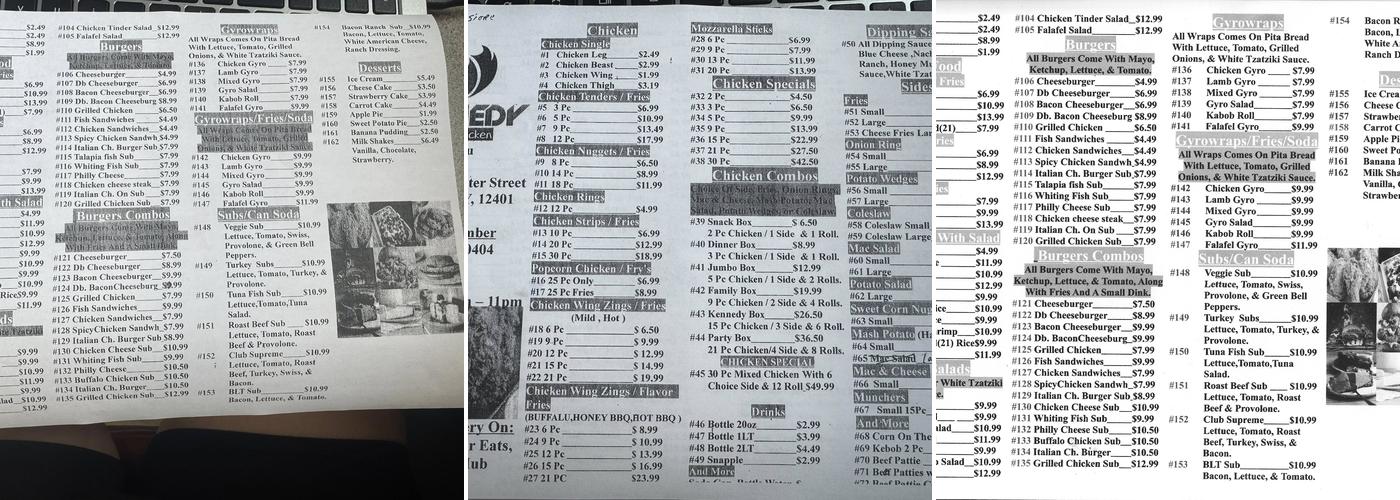 The trolley diner/Kennedys fried chicken Menu