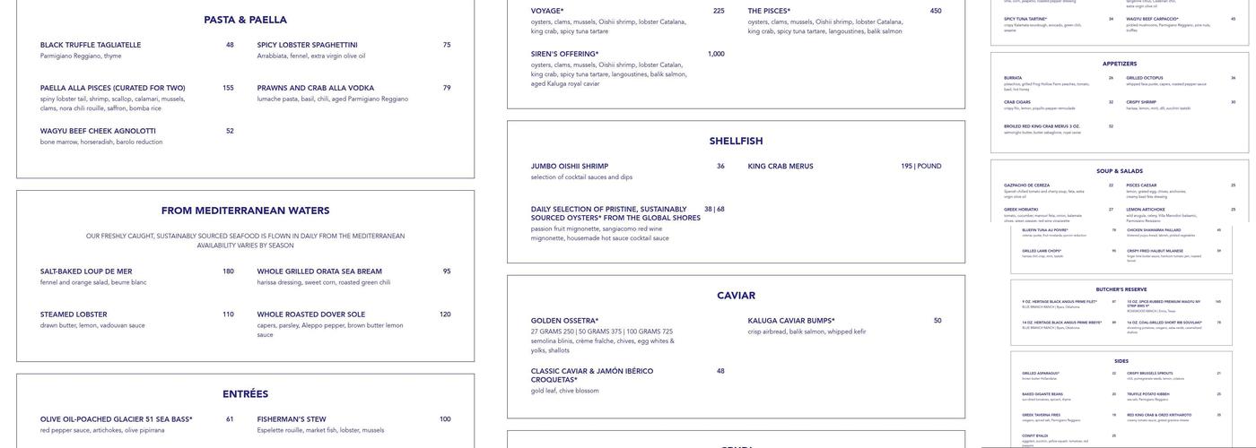 PISCES Bar and Seafare Menu