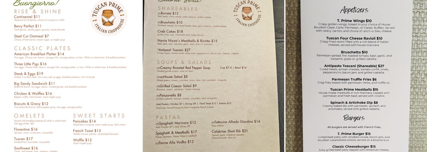 Tuscan Prime Italian Chophouse Menu