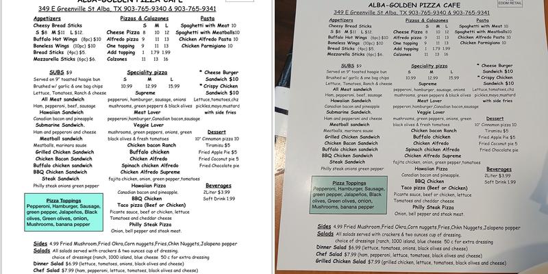 Alba-Golden Pizza Cafe Menu