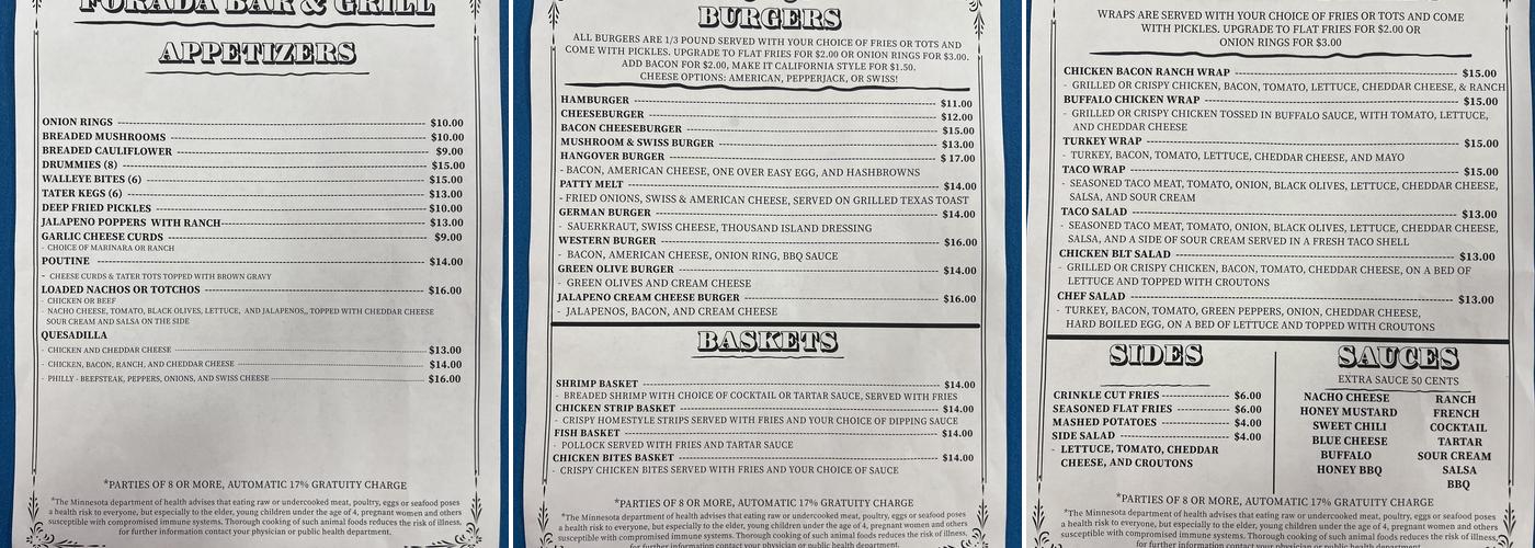 Forada Bar and Grill Menu