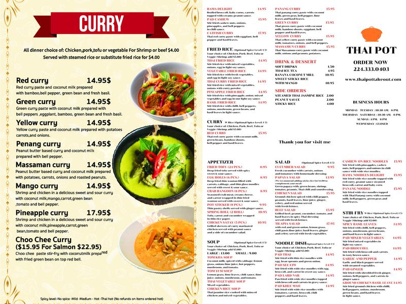 Thai Pot Menu