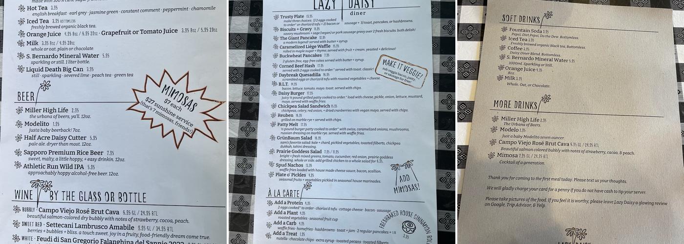 Lazy Daisy Diner & Cafe Menu