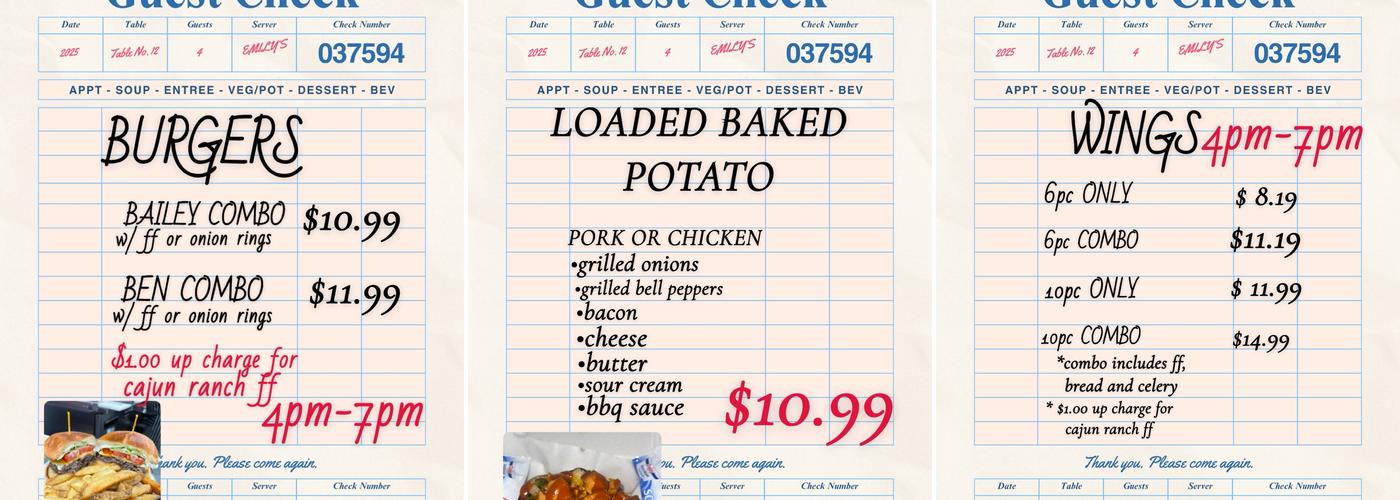 Emily's Busy Bee- THE ORIGINAL Menu