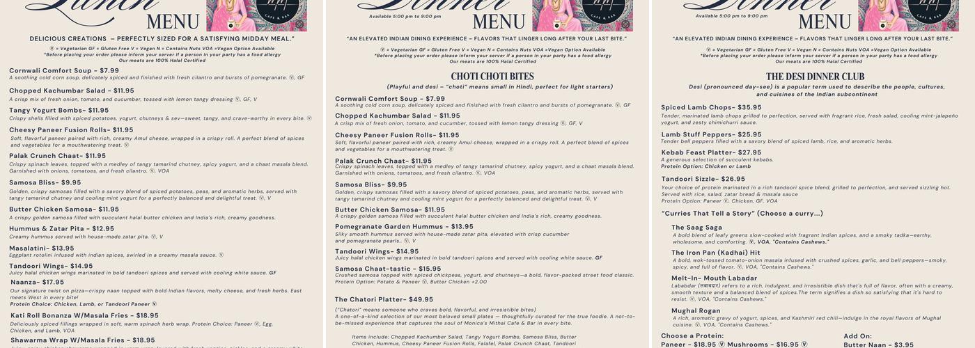 Monica’s Mithai Cafe & Bar Menu
