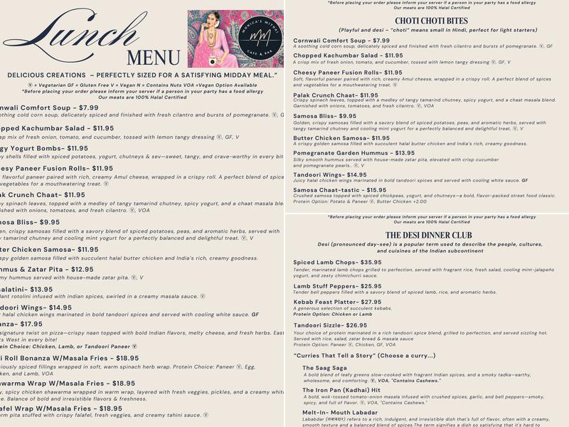 Monica’s Mithai Cafe & Bar Menu