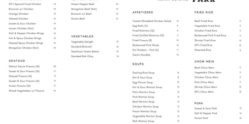 Double Park Menu