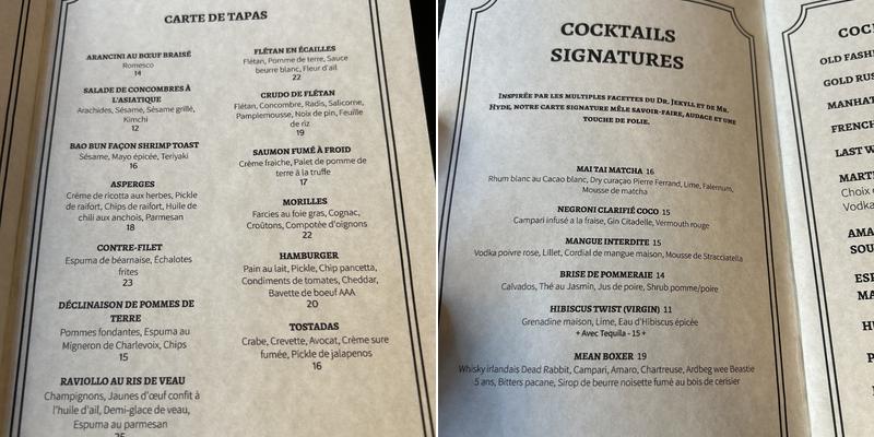 Jekyll & Hyde Bar à tapas Menu