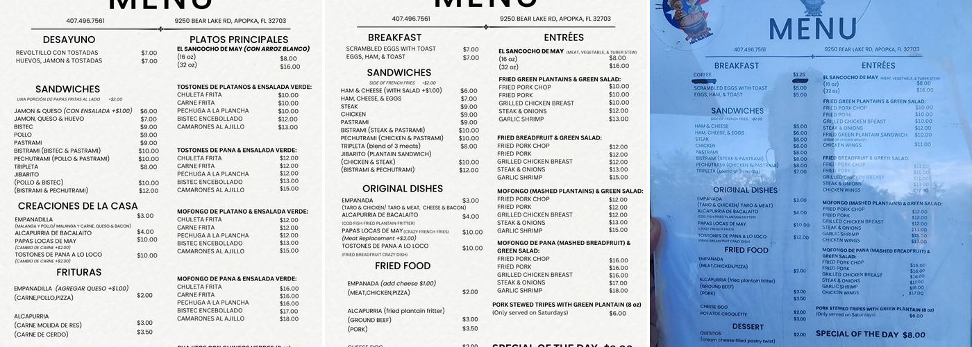 El Sancocho de May Menu