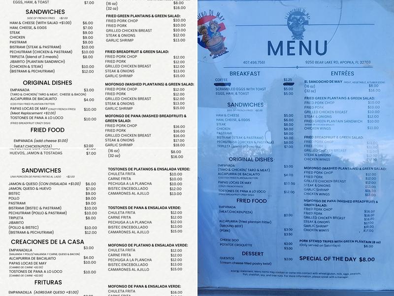 El Sancocho de May Menu