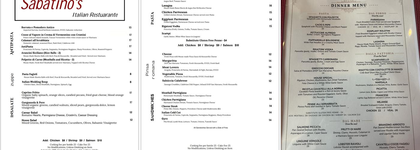 Sabatino's Italiano Menu