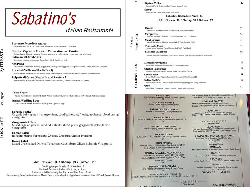 Sabatino's Italiano Menu