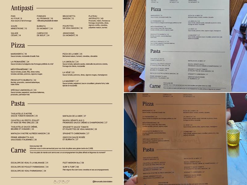 Limoncello bistro italien Menu