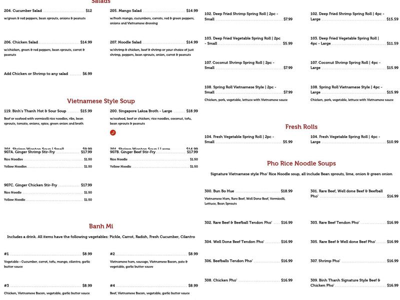 Sunrise Pho Binh Thanh Menu