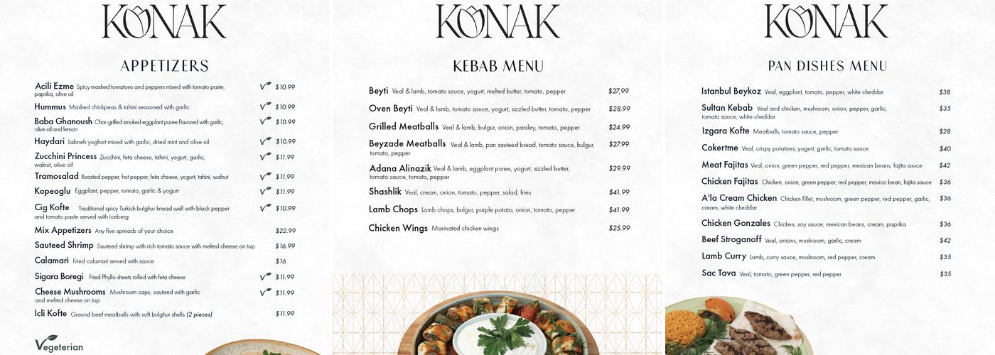 Konak Turkish Cuisine Menu