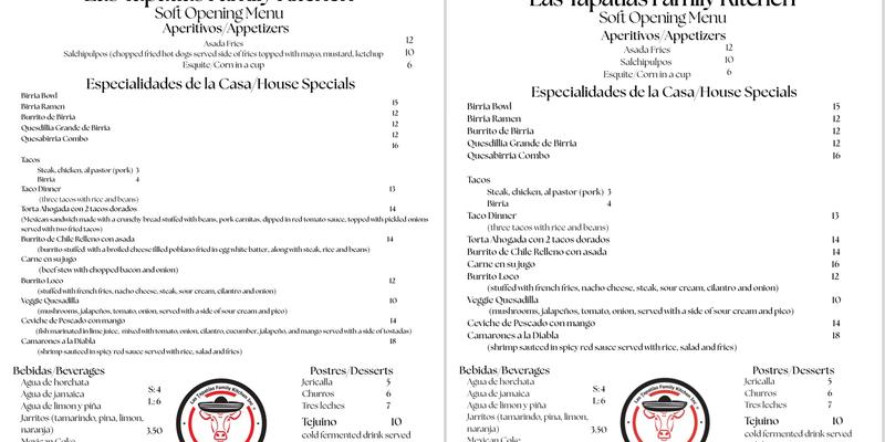 Las Tapatias Family Kitchen Inc Menu