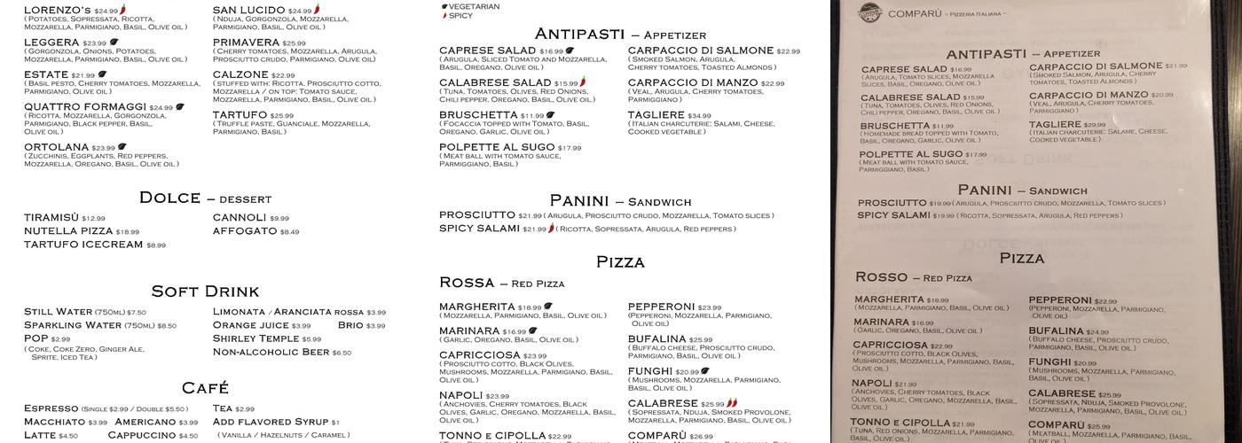 Comparù Menu