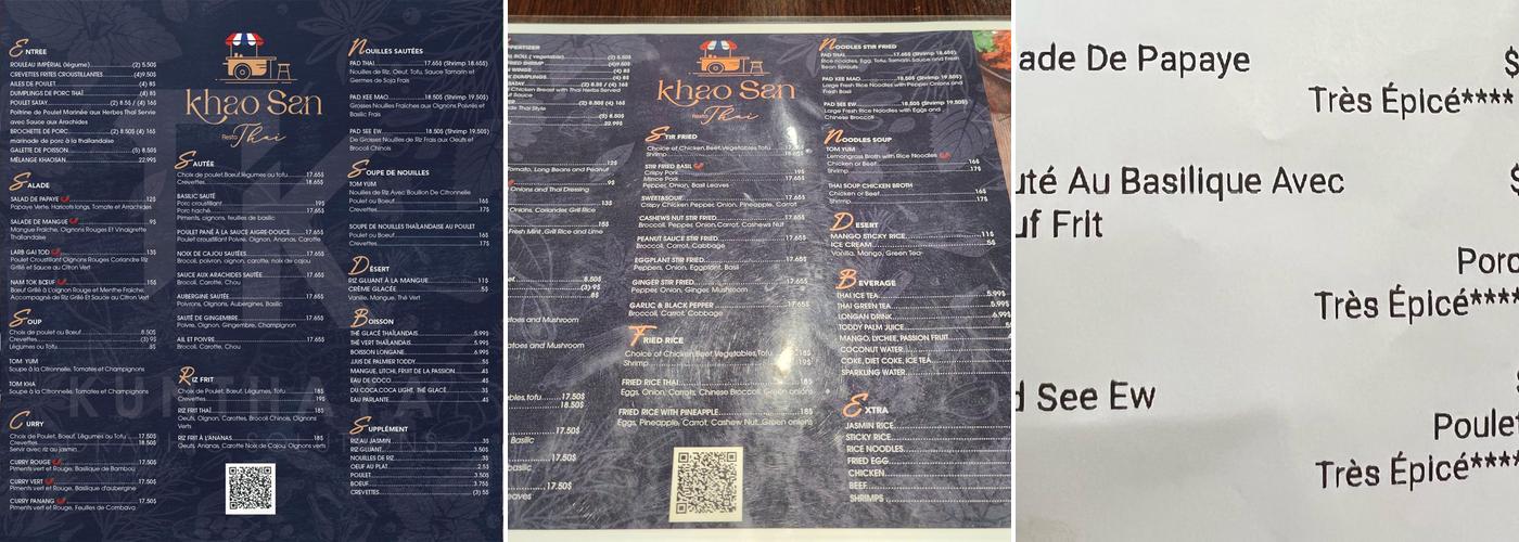 Khao San Resto Thaï Menu