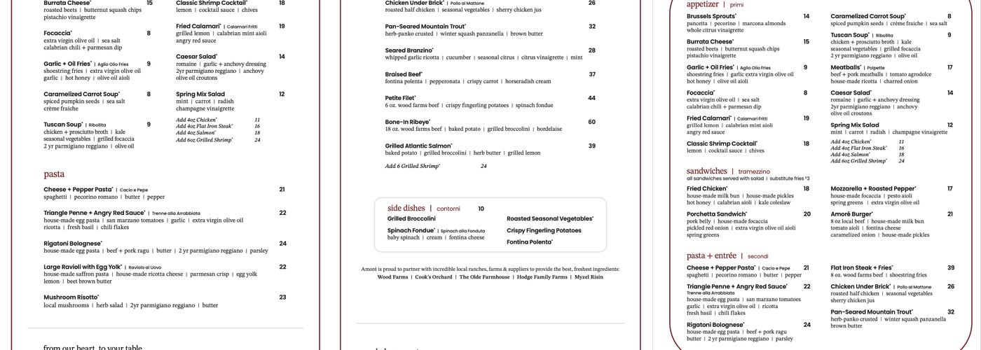 Amoré Menu