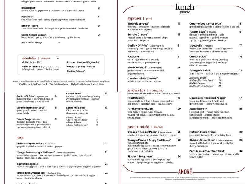Amoré Menu