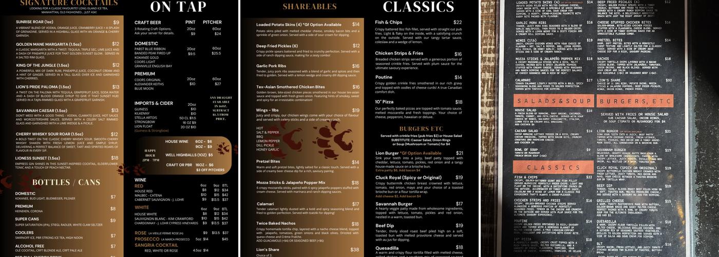 Lion Head Pub Menu