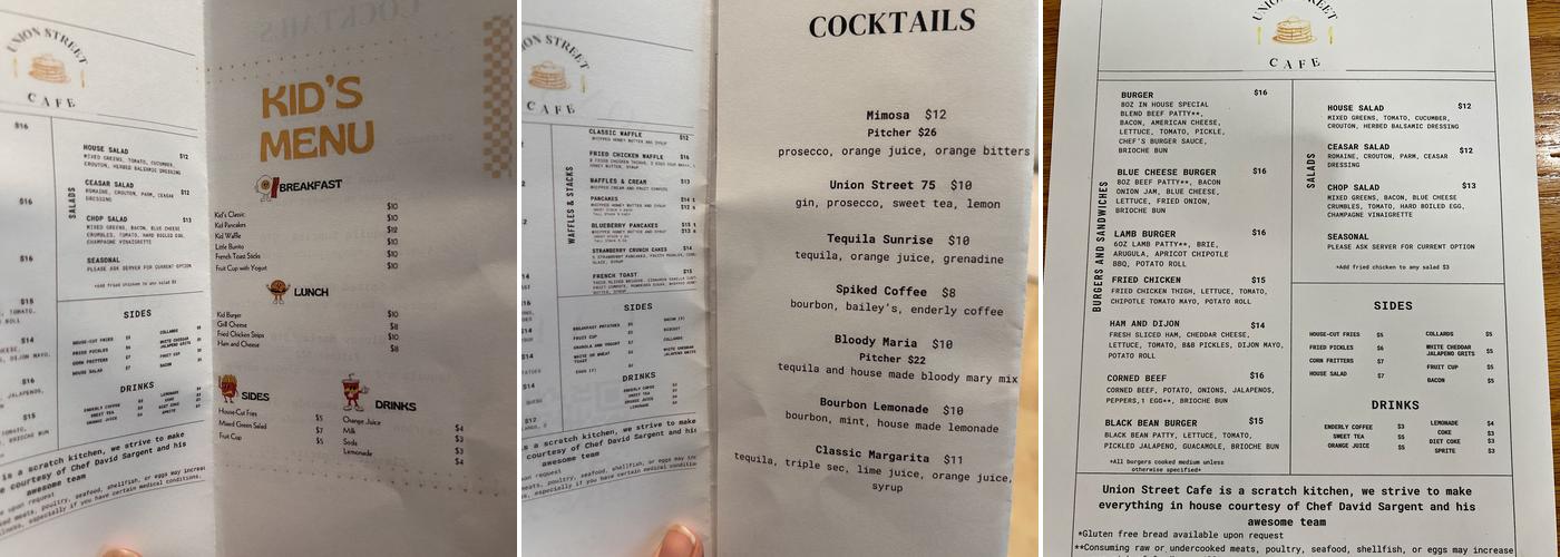 Union Street Cafe Menu