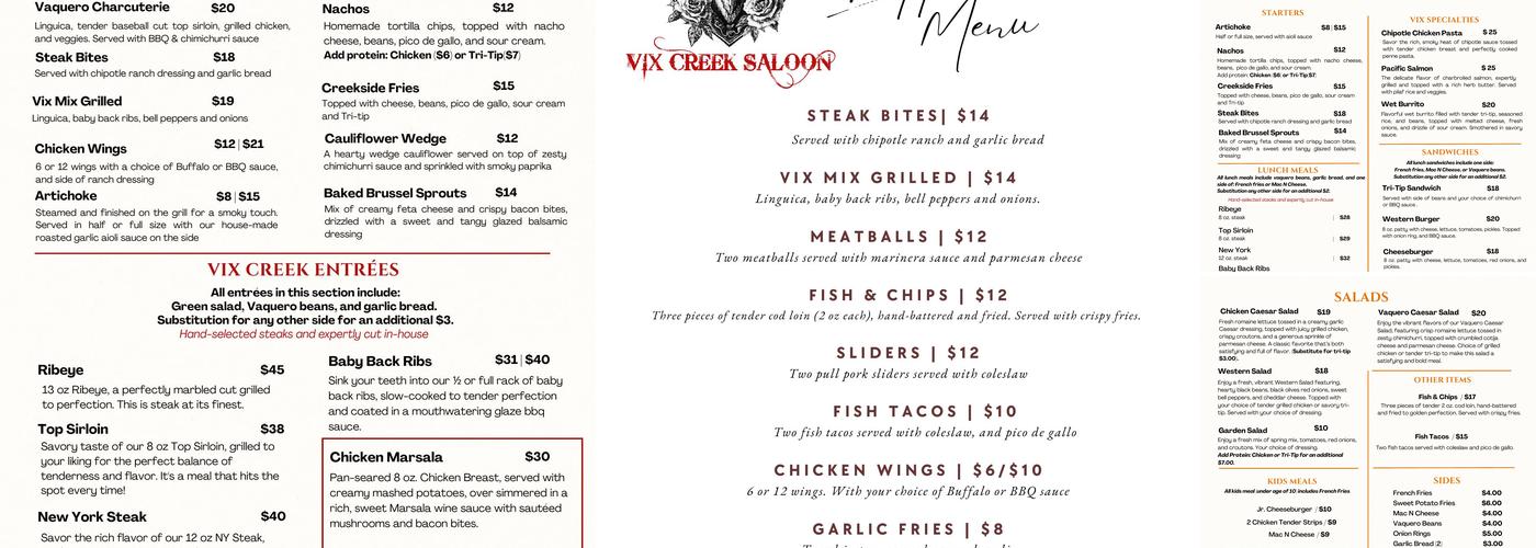 Vix Creek Saloon Menu