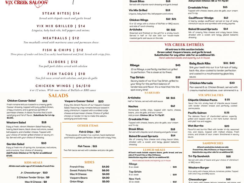 Vix Creek Saloon Menu
