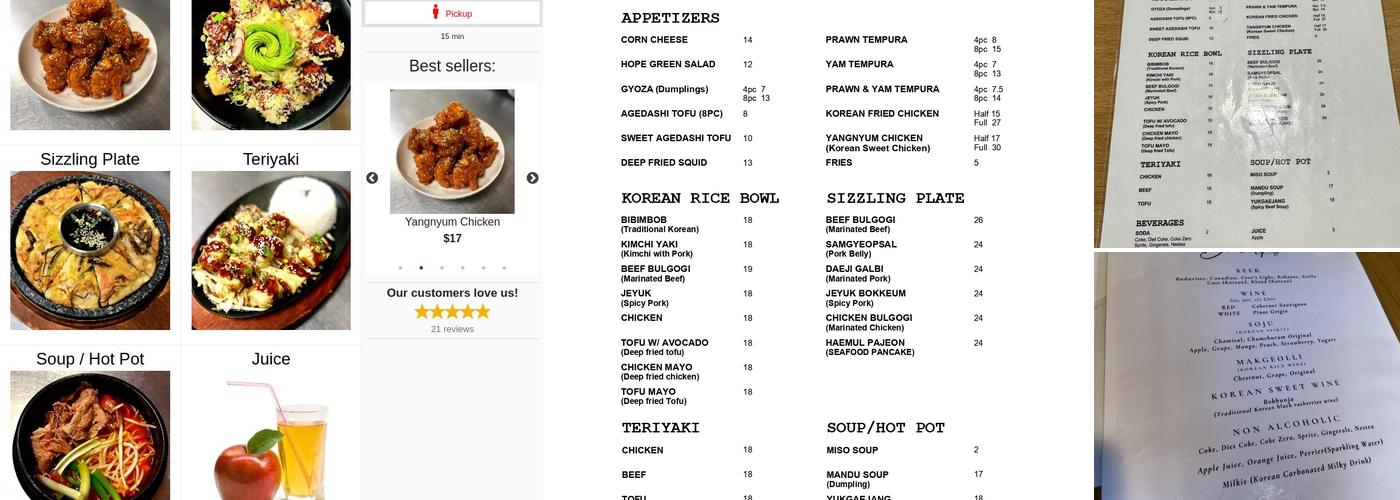 Hope Korean Kitchen Menu