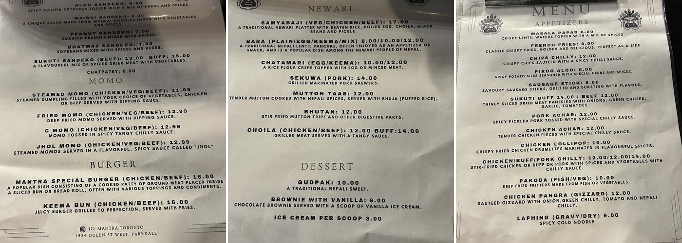 Mantra Toronto Menu