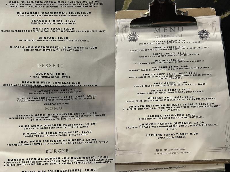 Mantra Toronto Menu