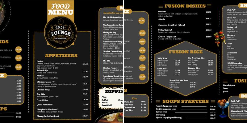 10.59 Lounge and Restaurant Limited Menu