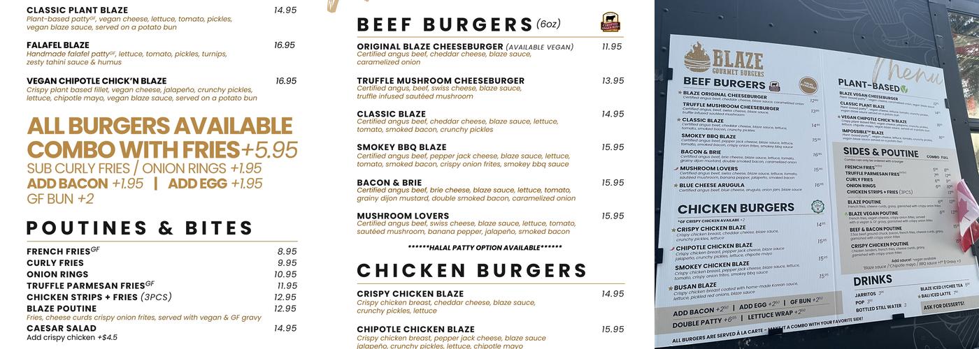 Blaze Gourmet Burgers | Port Moody Menu