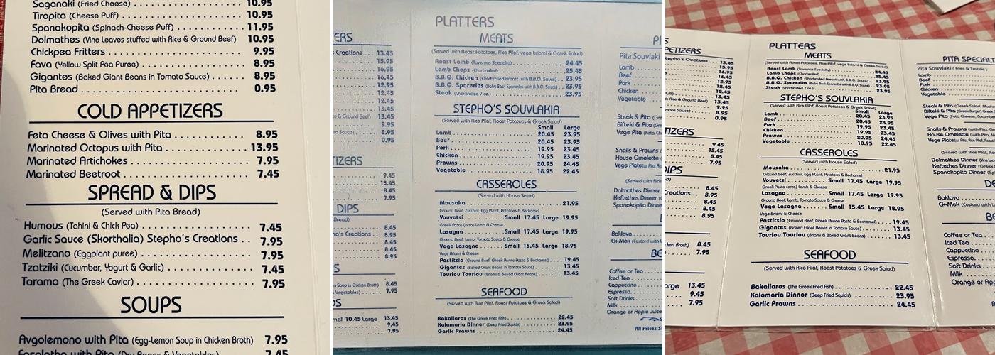 Stepho's Souvlaki Greek Taverna Menu