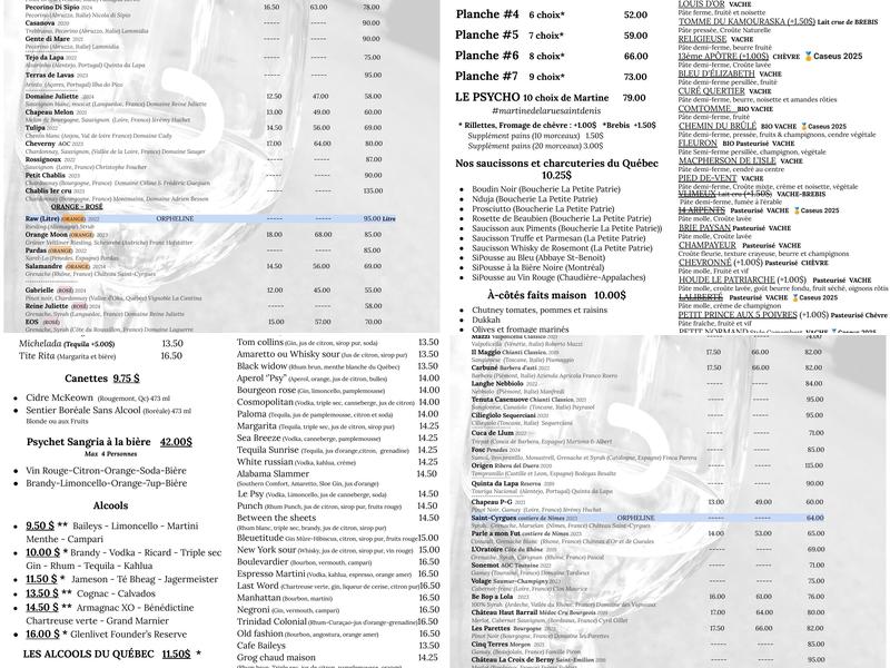 Le Psy Bar vins et fromages Menu