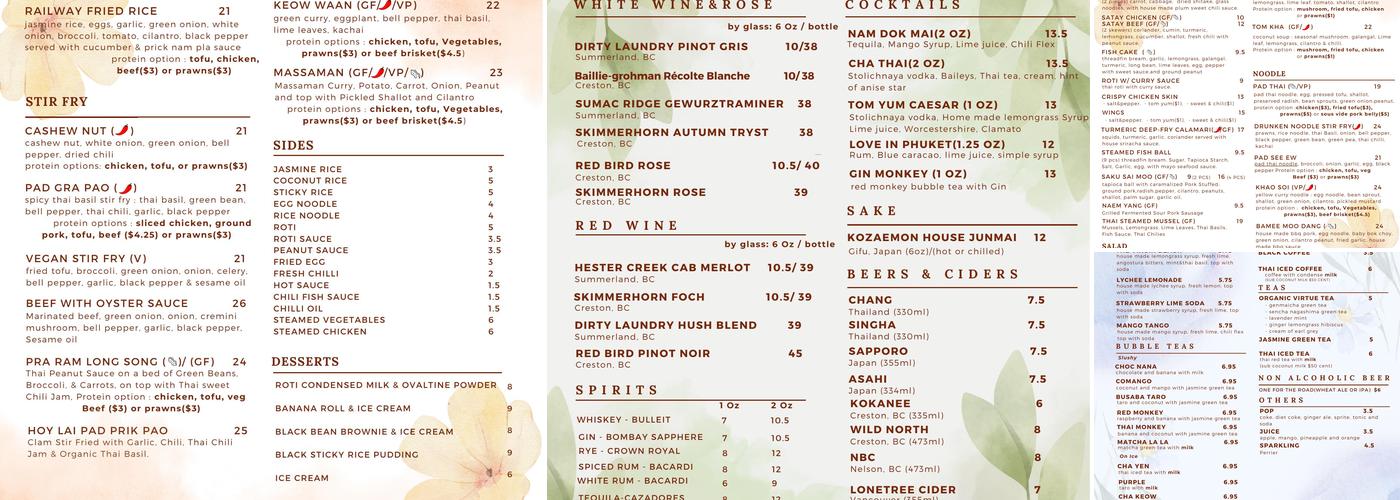 Busaba Thai Creston Restaurant Menu