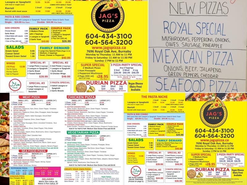Jag's pizza Menu