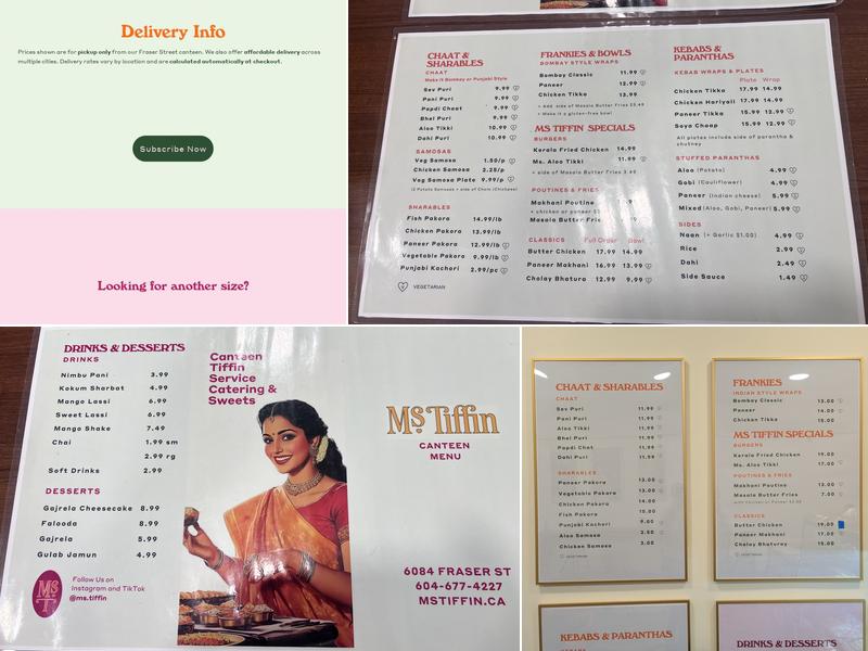 Ms Tiffin’s Indian Restaurant Menu