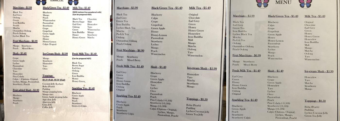 Butterfly Tea And Dessert Menu