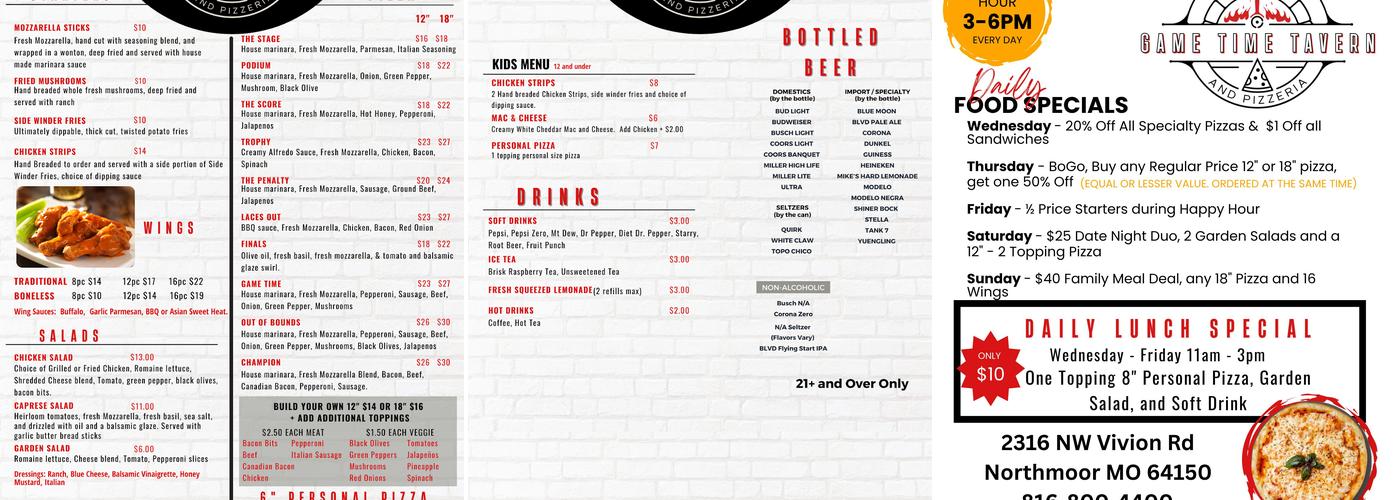 Game Time Tavern and Pizzeria Menu