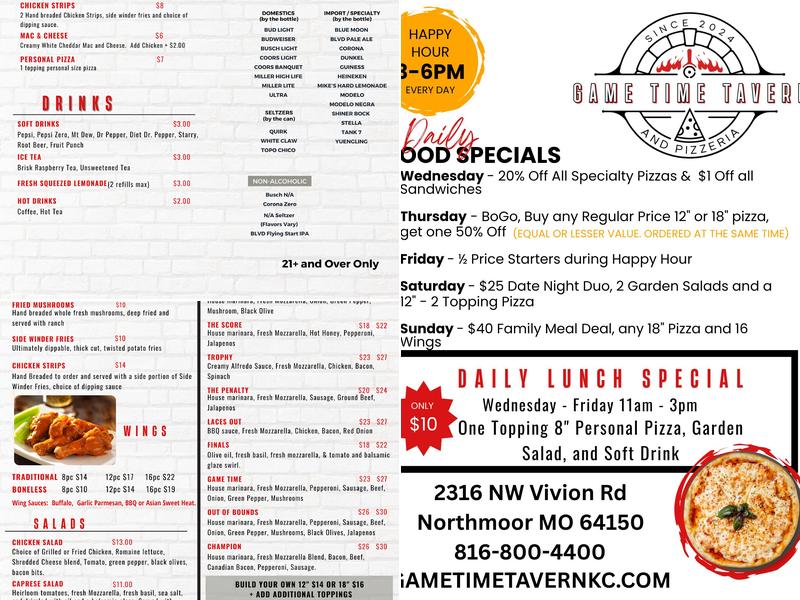 Game Time Tavern and Pizzeria Menu