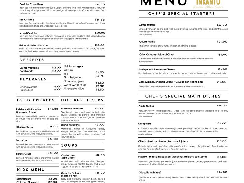 Inkantu Peru Canada Menu