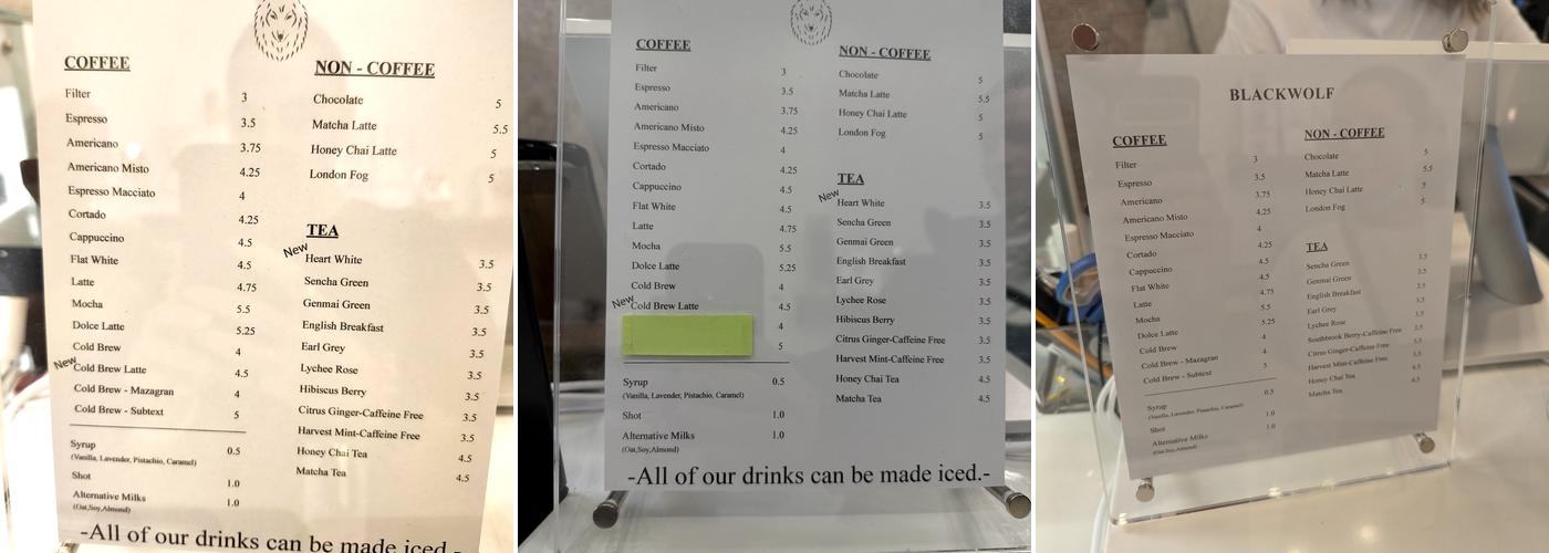 Black wolf coffee Menu