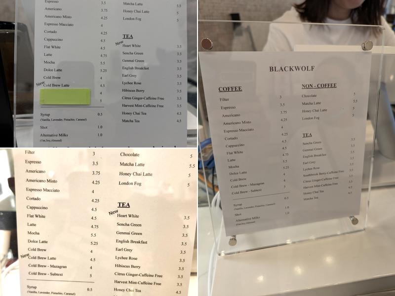 Black wolf coffee Menu