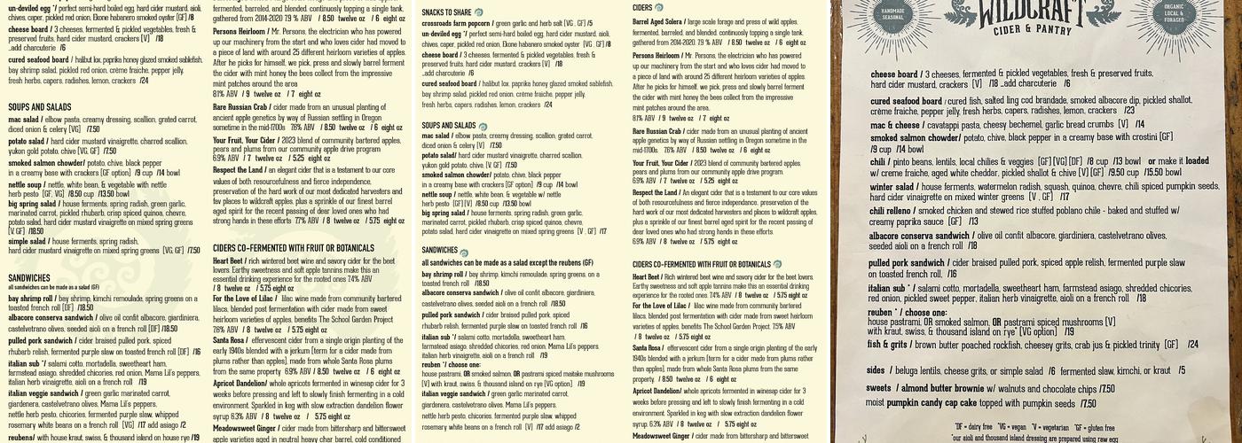 WildCraft Cider & Pantry Menu