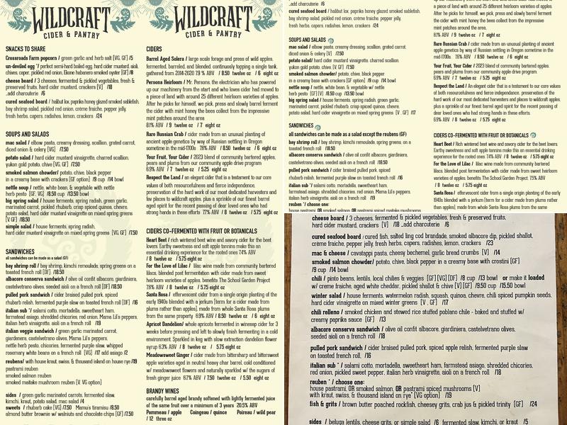 WildCraft Cider & Pantry Menu