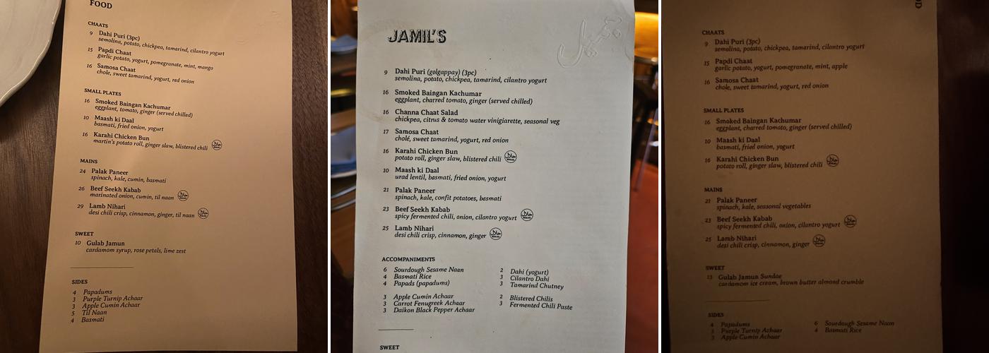 Jamil's Chaat House Menu