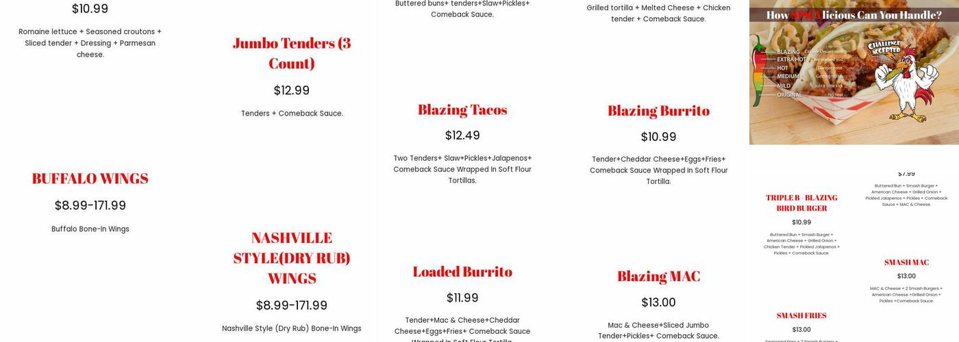 Blazing Bird - Nashville Hot Chicken Lakewood Menu