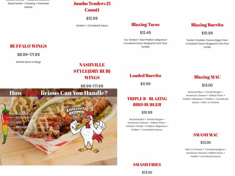 Blazing Bird - Nashville Hot Chicken Lakewood Menu